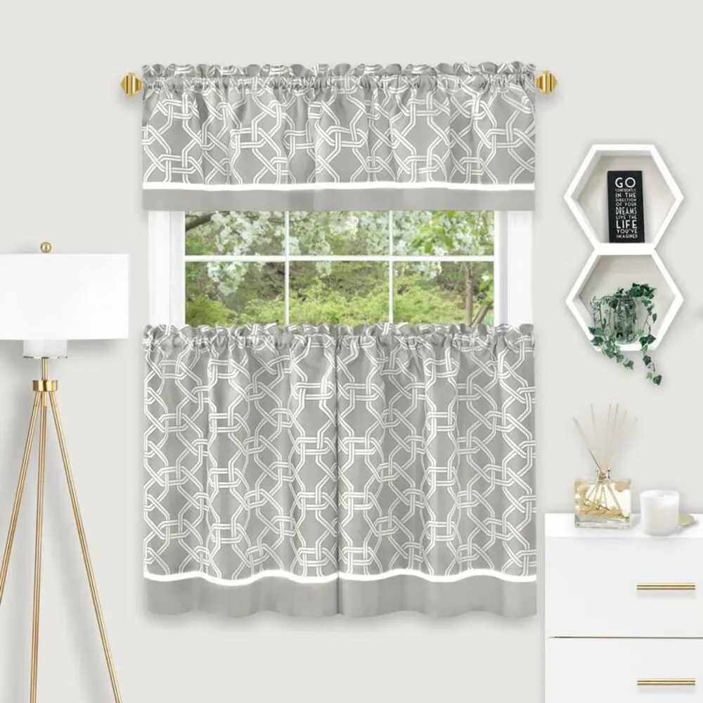 3 Pieces Two Tone Design Tier Panels and Valance Set for Windows, 58x24 inch Rod
